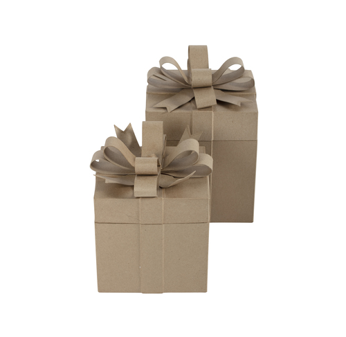 Pappmaché, braun, Set mit 2 viereckigen Geschenkboxen mit Schleife