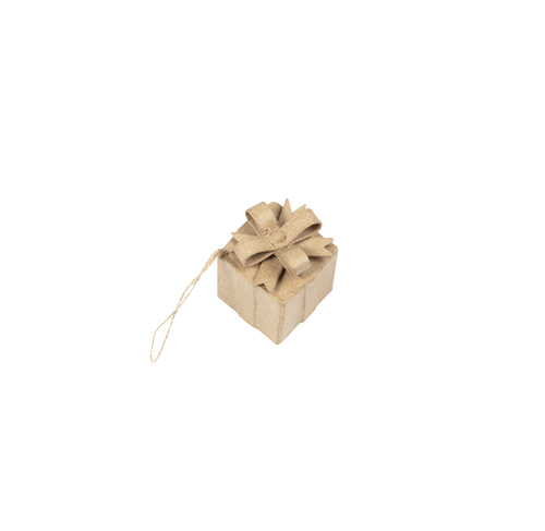 Braunes Pappmaché, Geschenk mit Schleife zum Aufhängen 4x4x5 ,5 cm